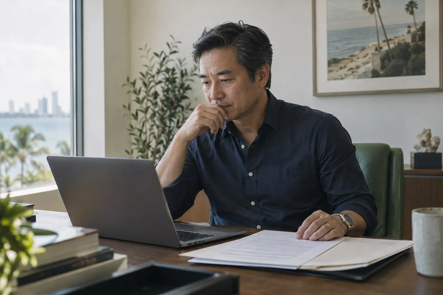Illustrative photograph of an advisor reviewing a laptop and printed pages