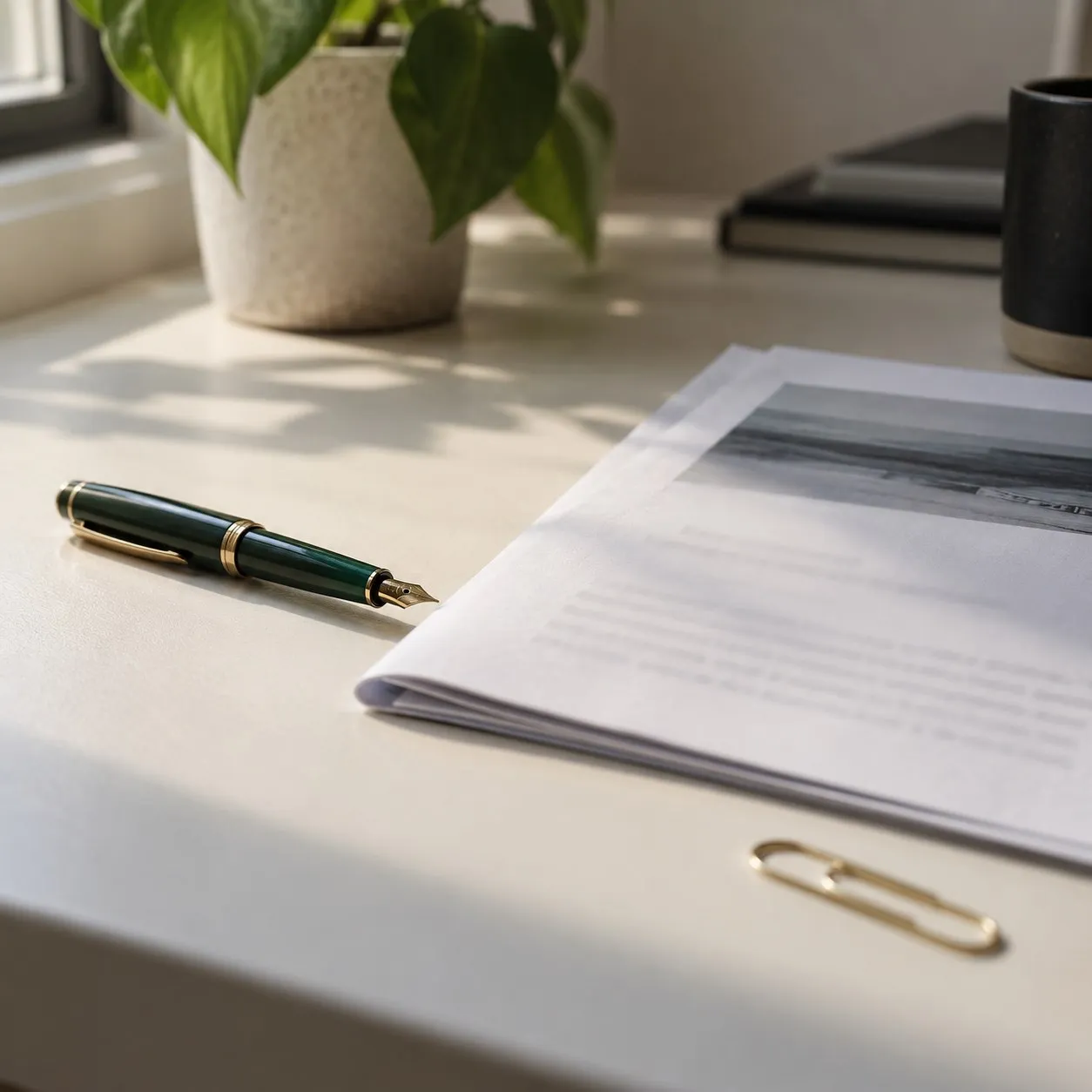 Illustrative detail of a written brief and green pen