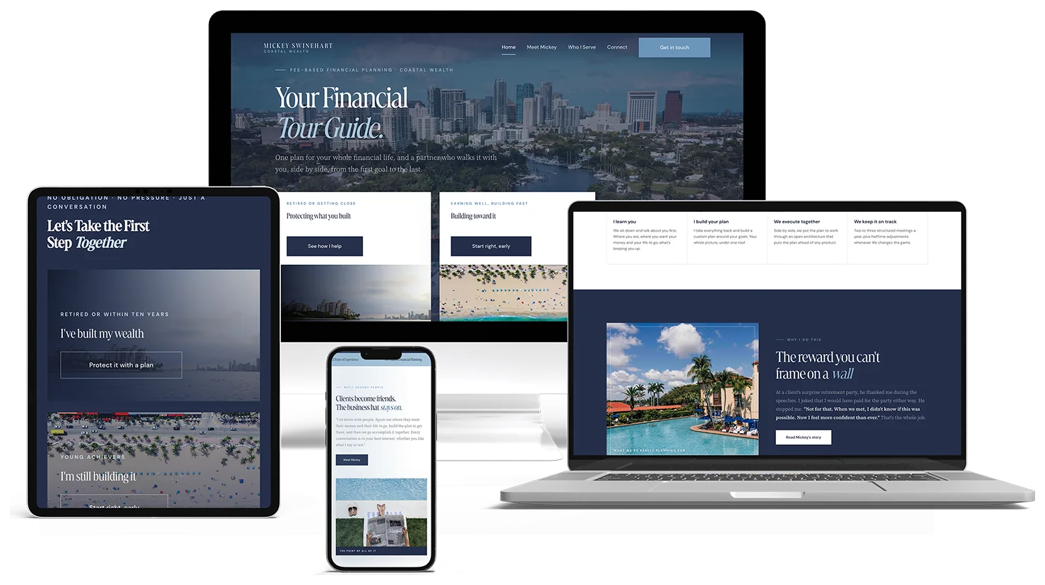 Coastal Wealth advisor website by Peak Sites, shown across a desktop, laptop, tablet, and two phones