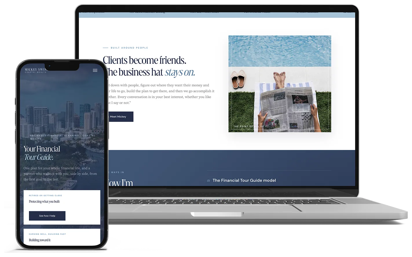 Coastal Wealth homepage on a phone and laptop — hero reading “Your Financial Tour Guide” and the About section