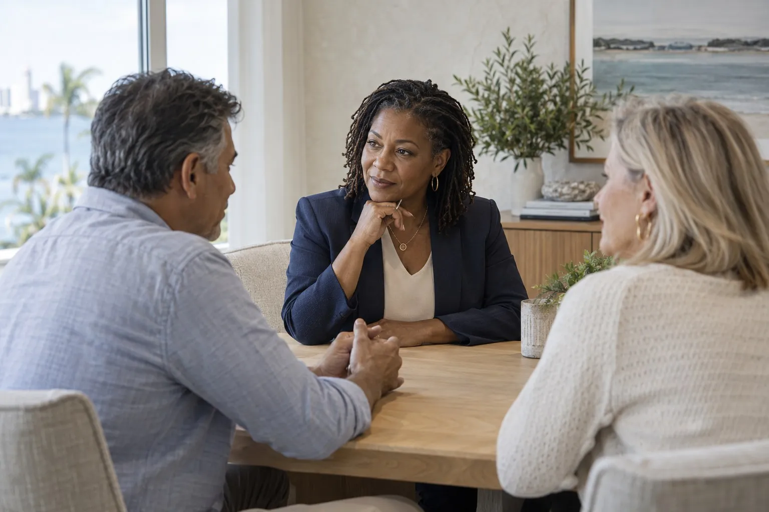 Illustrative scene of an advisor listening to a couple in a bright office