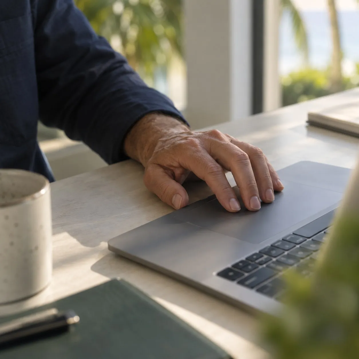 Illustrative detail of a hand at a laptop trackpad