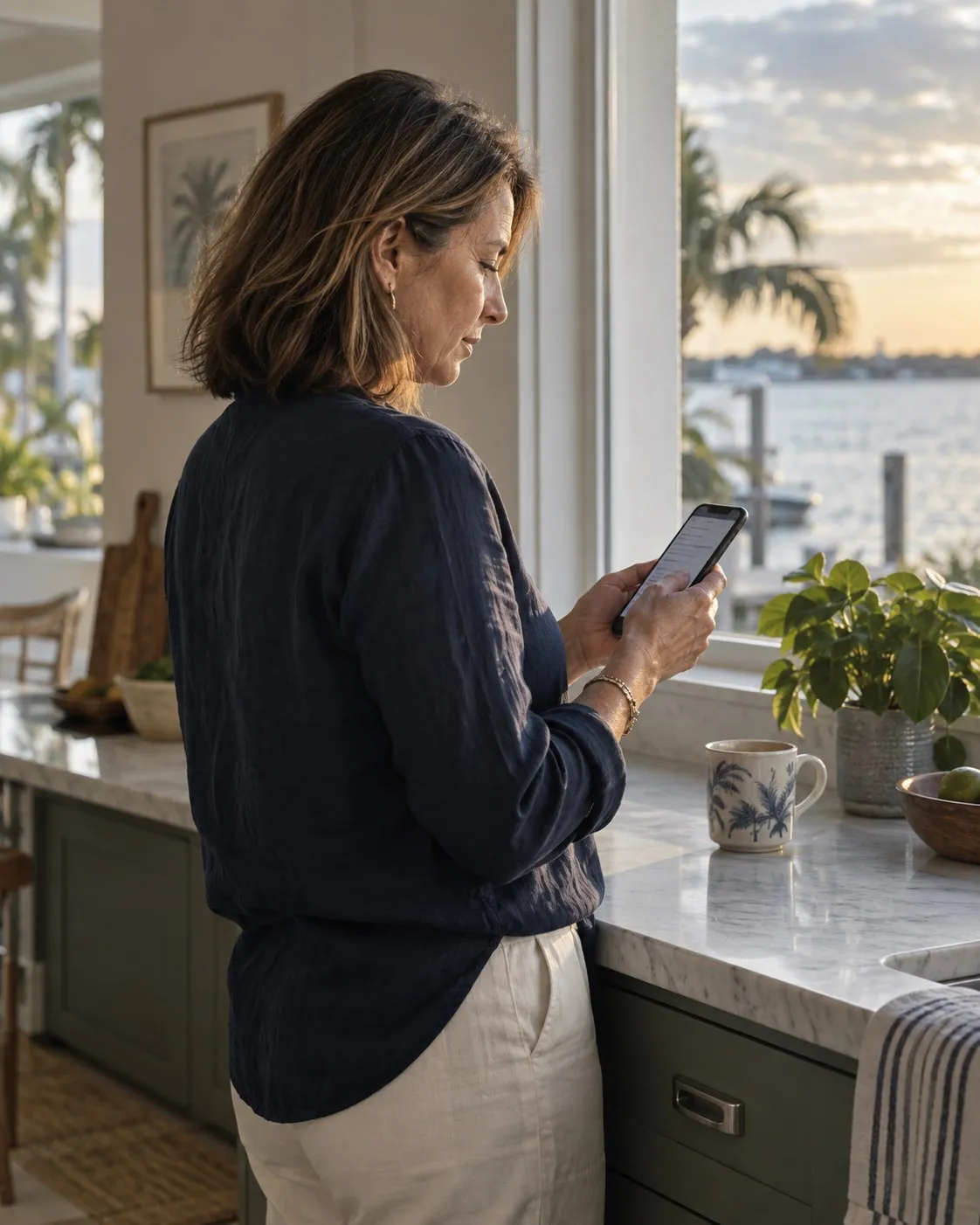 Illustrative scene of a woman looking up a recommendation on her phone