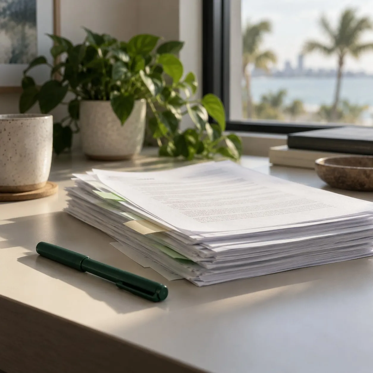 Illustrative detail of review paperwork and a green marker, with no approval stamp