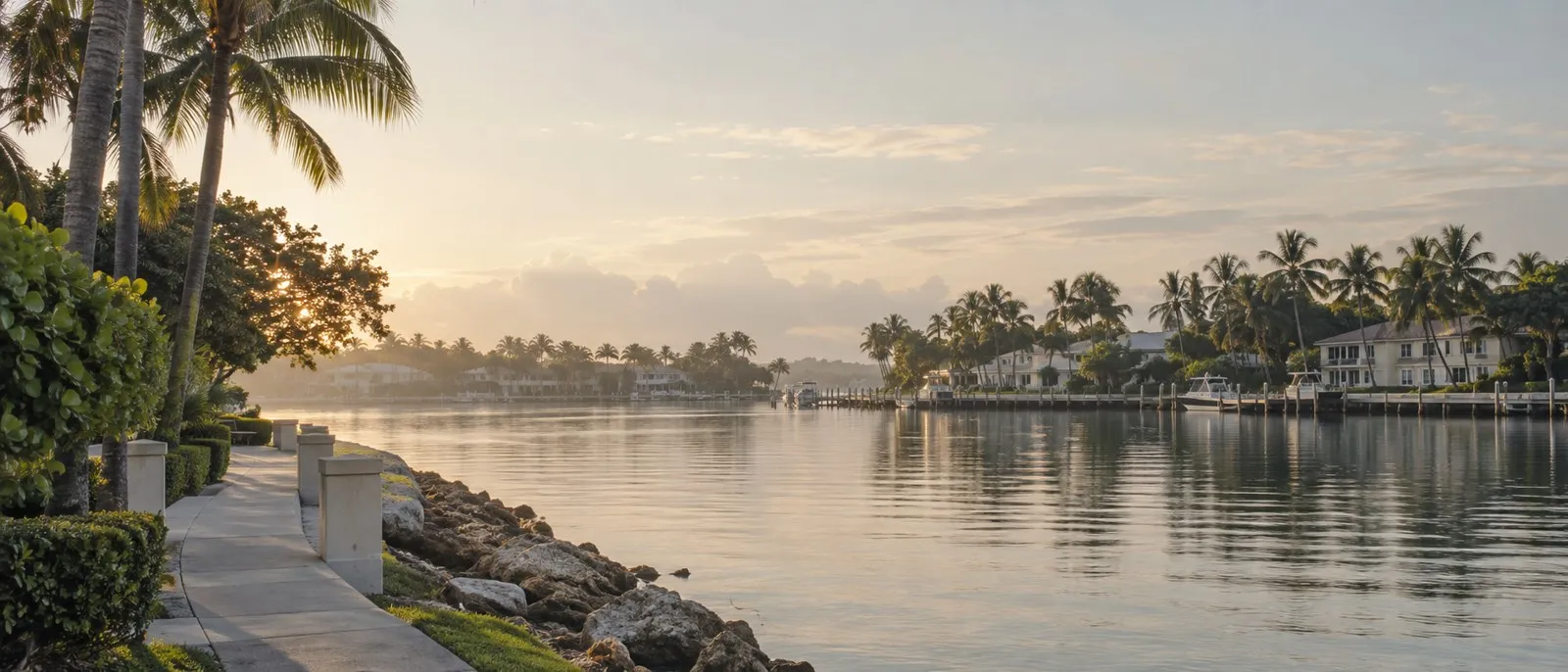 Illustrative photograph of a quiet South Florida waterfront in morning light